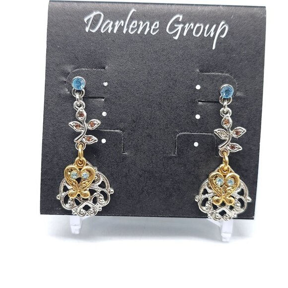 Darlene Group Gold Silver Drop Earrings With Blue Orange Rhinestone Crystals - Picture 1 of 4